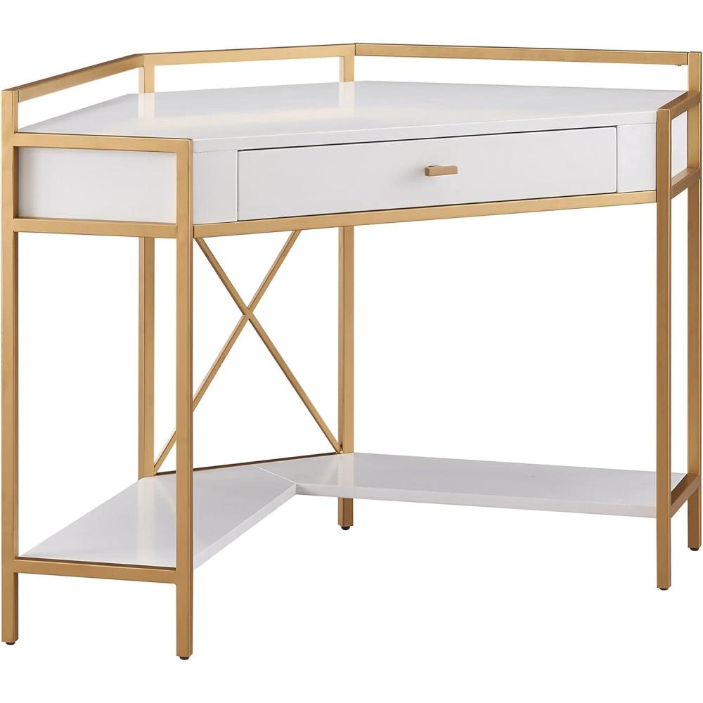 image:imageLeick Home 9230WTGL Claudette Mixed Metal and Wood Corner Computer Office Writing Desk with Drop Front Keyboard Drawer WhiteSatin Gold