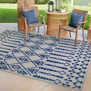 Leick Home 594937 Cusp Gray with Blue Moroccan Pattern Indoor Outdoor Area Rug Rectangle 3’x5′