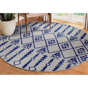 Leick Home 594978 Cusp Gray with Blue Moroccan Pattern Indoor Outdoor Area Rug Round 5’3″