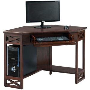 Leick Home 83430 Corner Computer/Writing Desk with Center Keyboard Drawer and Shelf, Black Oak(Chocolate Oak)