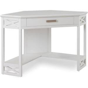 Leick Home 83430 Corner Computer/Writing Desk with Center Keyboard Drawer and Shelf, Black Oak(White/Brushed Nickel)